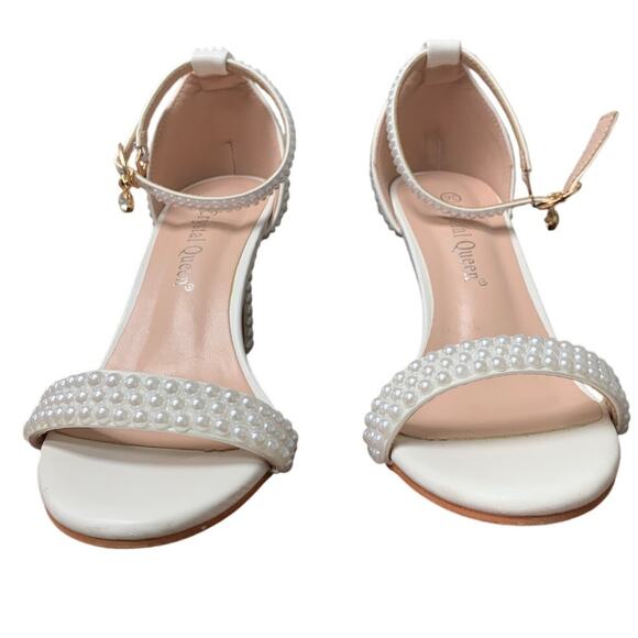 Crystal Queen Womens Size 5.5 Pearl White Open Toe 3.5" Heel Ankle Strap Shoes - Picture 4 of 8